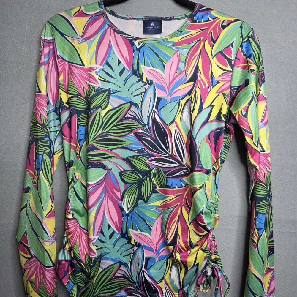 2 Caribbean Joe Tropical Floral Swim Coverup Womens Medium Beachy Ruched Side